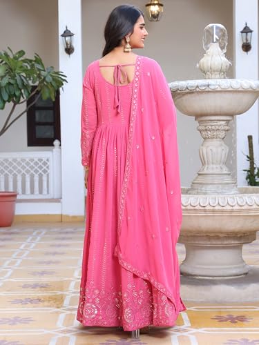 Fashion Basket Embroidered Anarkali Dress For Women Pink