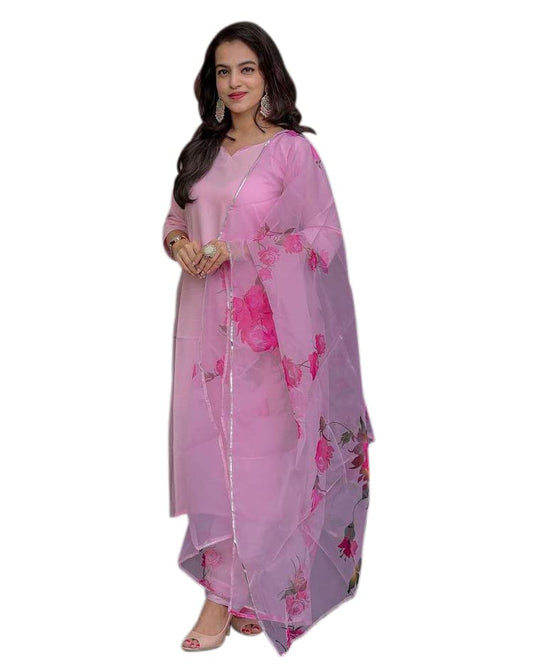 GoSriKi Women's Cotton Blend Straight Printed Kurta with Pant & Dupatta(Sikari-GO)