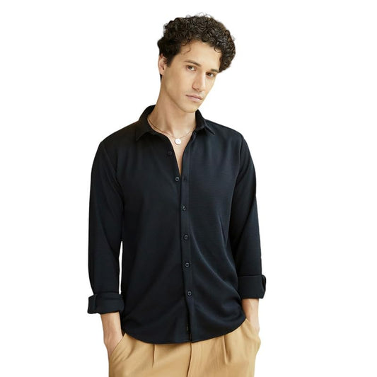 Campus Sutra Mens Midnight Black Waffle-Textured Shirt for Casual Wear | Spread Collar | Long Sleeve | Button Closure | Shirt C
