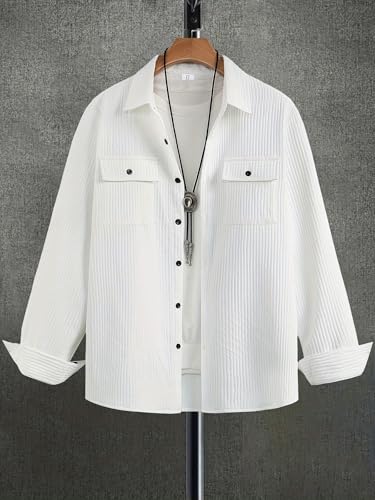 Shasmi MenS Stylish Ribbed Long Sleeve Button-Down Shirt, Breathable, Comfortable, And Versatile With Flap Pockets And Buttoned
