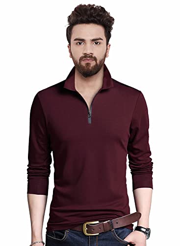 EYEBOGLER Mens Trendy Polo Neck Full Sleeves Solid T-Shirt Wine Melange