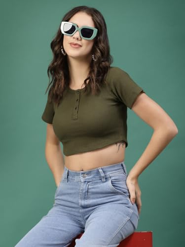Rigo Cotton Top for Women | Stylish, Solid, Western Crop Top for Women | Round Neck, Half Sleeves Crop Top for Women