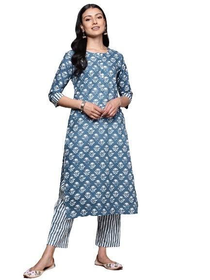 anubhutee Women's Cotton Blue Floral Printed Straight Kurta Suit Set With Pants