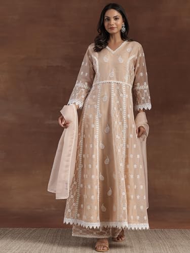 Libas Womens Embroidered Organza A-Line Kurta With Palazzos And Dupatta