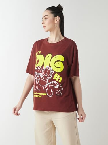 Bewakoof Air 1.0 Official Garfield Merchandise Womens Graphic Printed Oversized Fit Half Sleeve Round Neck Cotton Slub T-Shirt_