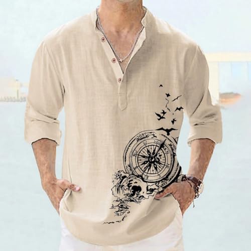 Deemoon MenS Cotton Blend Mandarin Collar Self One Design Full Sleeve Casual Short Kurta Beige