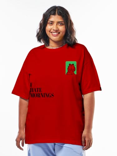 Bewakoof Official Garfield Merchandise Womens Graphic Print Oversized Fit Half Sleeve Round Neck Cotton Plus Size T-Shirt_63413