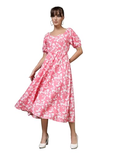 OOMPH! Womens Western & Fusion wear Printed Crepe Dress for Women, Puffed Sleeve, Pink - md994