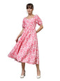 OOMPH! Womens Western & Fusion wear Printed Crepe Dress for Women, Puffed Sleeve, Pink - md994