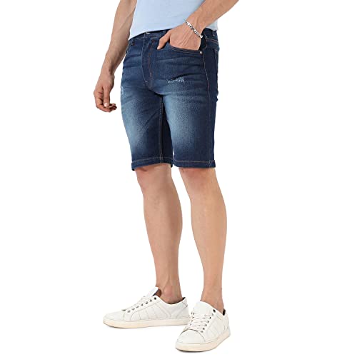 Campus Sutra MenS Classic Dark Blue Dark-Washed Distressed Patterned Denim Shorts, Regular Fit, Premium Stretchable Cotton Mid-