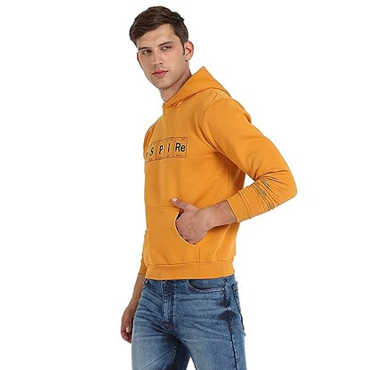 Campus Sutra Mens Mustard Yellow Inspire Hoodie with Kangaroo Pocket for Casual Wear | Hooded Neck | Long Sleeve | Pull On Clos