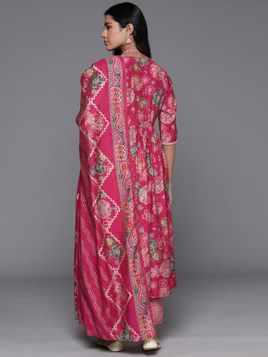 Libas Womens Printed Silk Blend A-Line Kurta With Palazzos And Dupatta