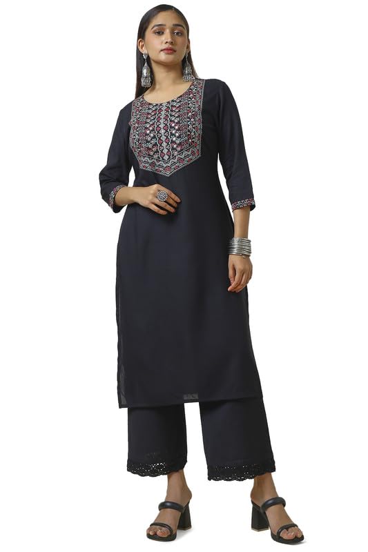 Soch Womens Black Rayon Embroidered Kurta with Faux Mirror