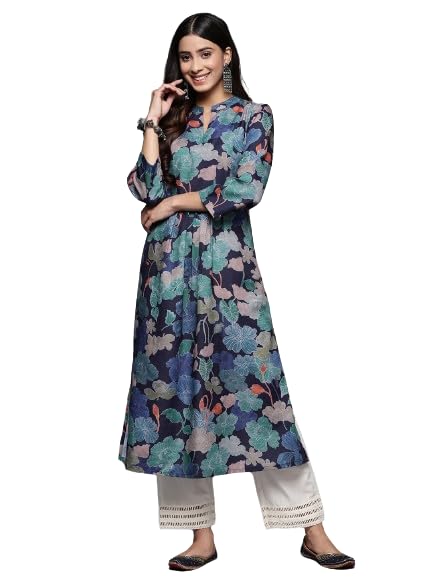 Varanga Women Blue Floral Printed Kurta with Mandarin Collar