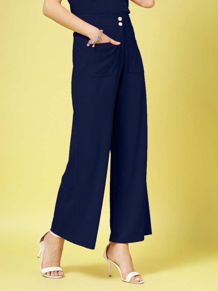 Womens Wide Leg Pants | Solid Blue Stretchable Polyester Trousers | Stylish Korean Clothing | Flared, Straight Fit, Baggy, and