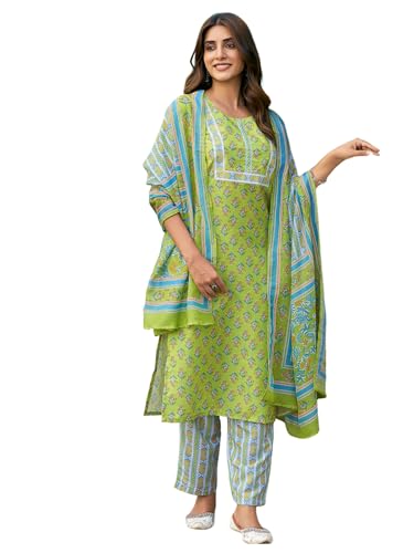 Sanisa Women's Rayon Blend Floral and Geometric Printed Straight Kurta with Pant and Dupatta Set| Ethnic Set | Suit Set | Kurta Set