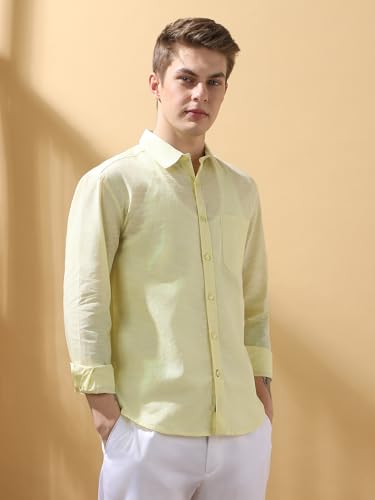 Dennis Lingo Men Regular Fit Yellow Full Sleeves Cotton Casual Shirt