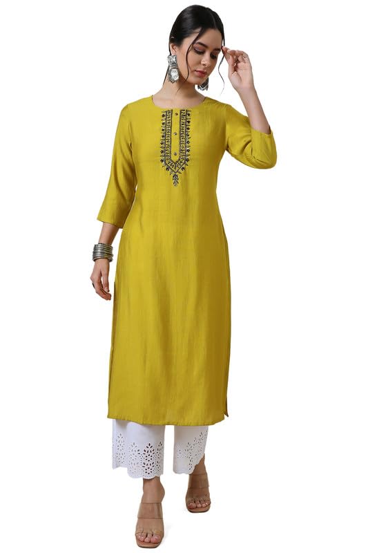 Soch Womens Mustard Yoke Design Viscose Blend Kurta With Cutdana