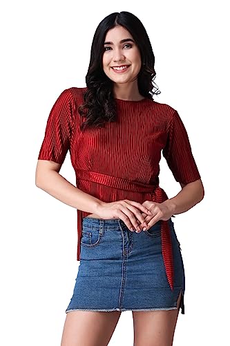 POPWINGS Casual Wrinkle Belt Top for Women || Round-Neck Stylish Summer Tops for Women || Half Sleeves Tops for Women Maroon