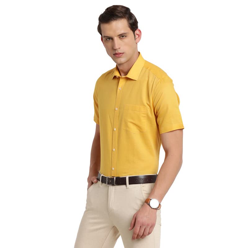 Turtle Men Cotton Linen Yellow Plain Regular Fit Half Sleeve Formal Shirt