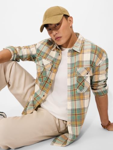 The Souled Store Plaid: Green, Beige Men And Boys Long Sleeves Collared Neck Button Front Regular Fit Cotton Utility Shirts