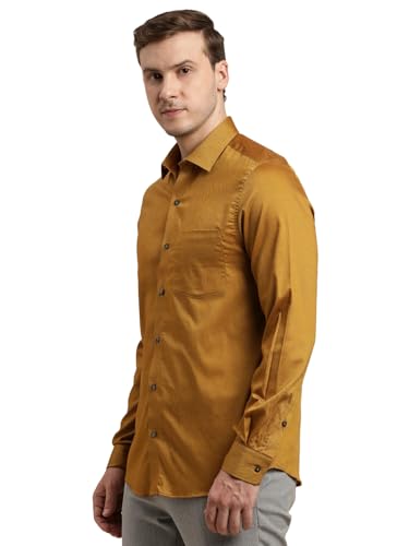 Turtle Men 100% Cotton Slim Fit Mustard Self Design Formal Shirt