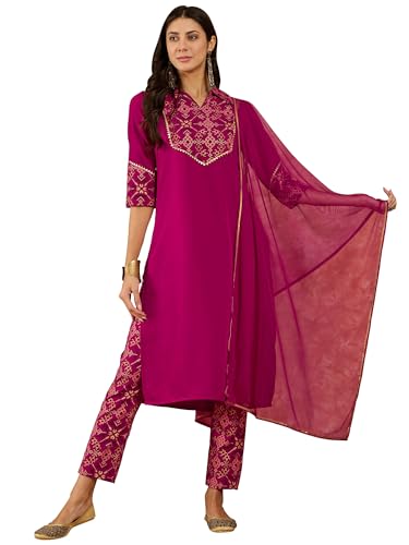 ZIYAA Women Women's Maroon Crepe Kurta, Pant And Dupatta Set