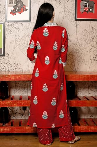 GoSriKi Ladies Viscose Rayon Printed Kurta with Trousers & Dupatta, Medium, Red, Model: Belagavi Mustard-GS