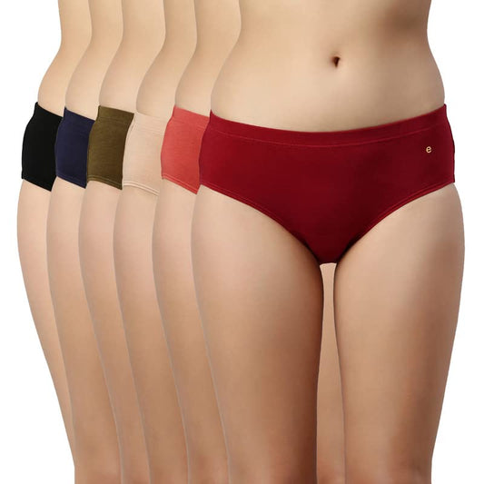 Enamor Stretchable Cotton Hipster Panties for Women Pack of 6, Full Coverage Grip Fit with Antimicrobial & Stain Release Technol