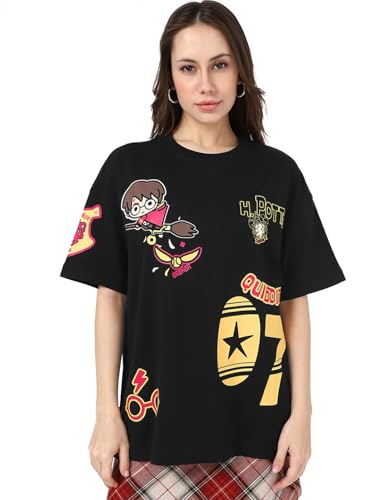 Bewakoof Official Harry Potter Merchandise Harry Potter Womens Graphic Print Oversized Fit Half Sleeve Round Neck Pure Cotton T