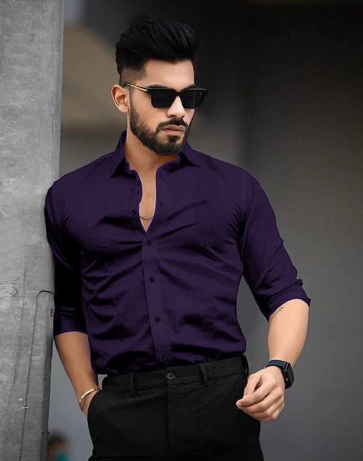 Tee Projekt Shirt for Men Cotton Plain Spread Collar Casual Shirt Parfect for ormal Wear, Home Wear, Office Wear Purple