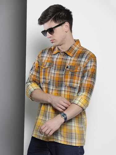 The Indian Garage Co Men Yellow Regular Fit Checkered Over Shirt