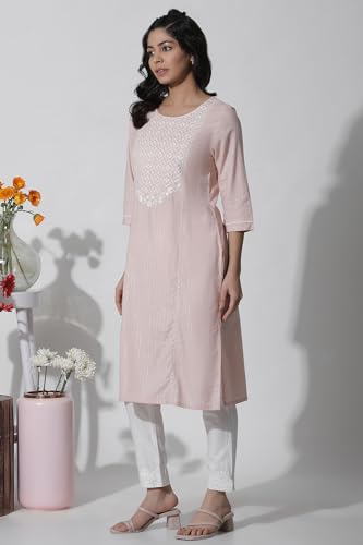 W Women Pink Festive Solid Cotton Straight Kurta