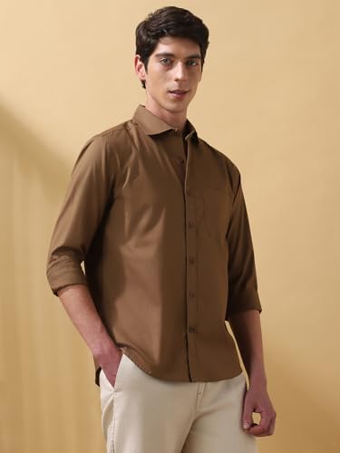 Dennis Lingo Men Solid Cotton Spread Collar Full Sleeves Regular Fit Shirt Brown