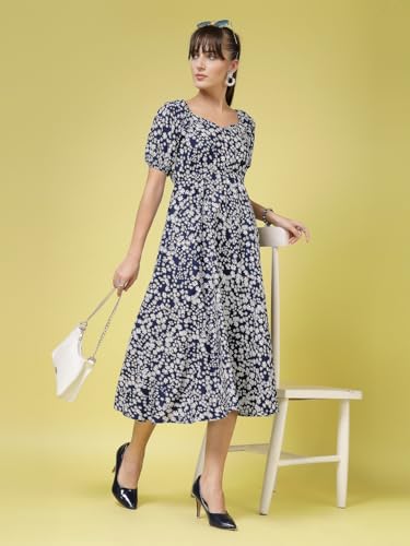 OOMPH! Womens Western & Fusion wear Printed Crepe Dress for Women, Puffed Sleeve, White - md990