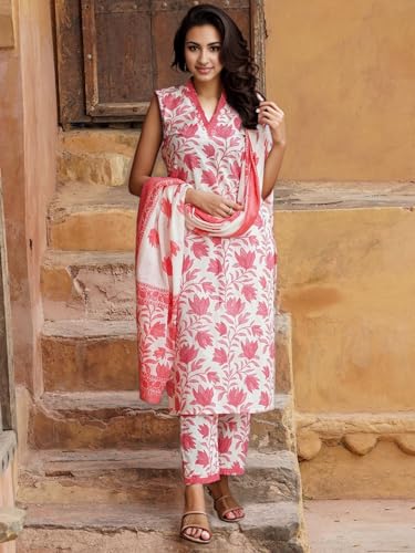 Shienzy WomenS Printed Cotton Blend Sleeveless V-Neck Kurta Pant Dupatta Set || Stylish Indo-Western Kurti For Wedding, Festive