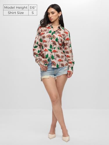 The Souled Store Mushrooms Women and Girls Long Sleeves Collared Neck Button Front Beige All Over Printed Regular Fit Cotton Shi