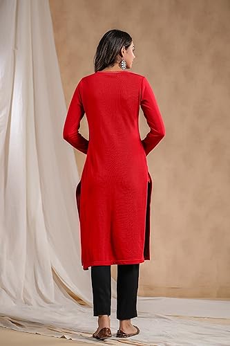 ishin Women's Red Jacquard Style Ethnic Motifs Straight Winterwear Kurta