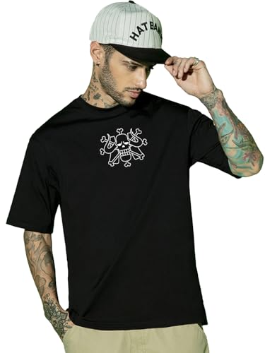 Bewakoof Official One Piece Merchandise Kaido Mens Graphic Print Oversized Fit Half Sleeve Round Neck Cotton T-Shirt_662049_Bla