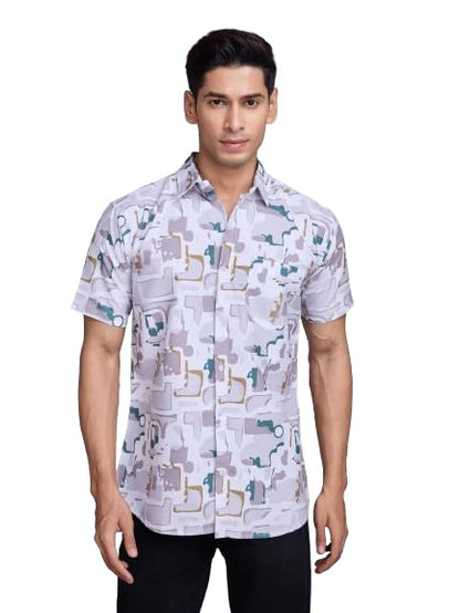 Pinkmint Stylish Shirt for Men ll Printed Half Sleeve Shirts ll Regular Fit Chest Pocket Shirt Off White