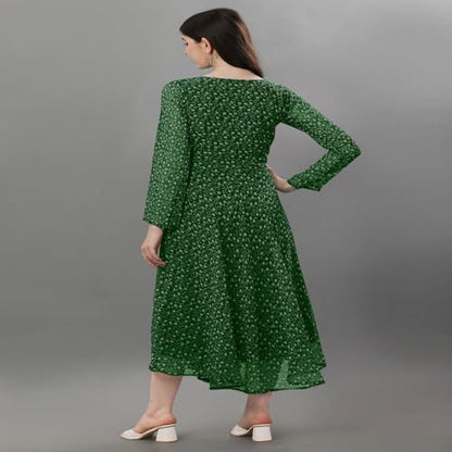 Trillmixa Georgette Floral Printed Full Sleeve V Neck Maxi-Length Fit & Flare Long Dress For WomenS (T-Mansi) Green