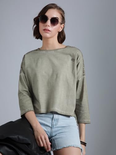 High Star WomenS Geometric Loose Fit T-Shirt (Hswtsw23006_Be_Beige