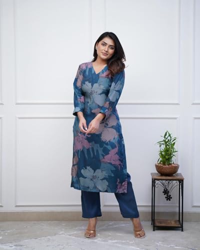 GoSriKi Women's Chanderi Printed Straight Kurta with Trousers, 4XL, Dark Blue, Model KITIMAT CEROSIN-GS