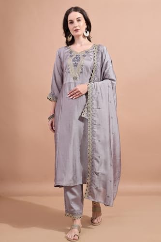 Pratham Blue WomenS Silk Embroidered Straight Kurta Palazzos With Dupatta |Kurta Set For Women |Women Kurta |Women Embroidered