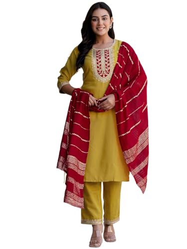 Sanisa Women's Cotton Blend Embroidery and Sequins Work Straight Kurta with Pant and Dupatta Set