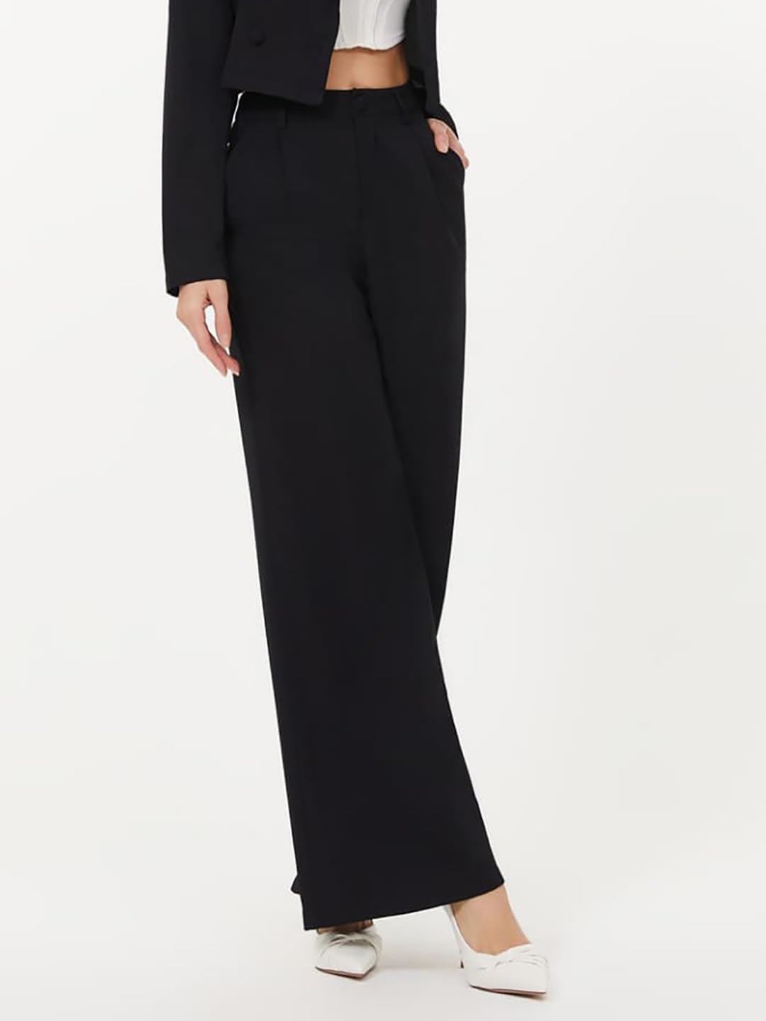 Kotty Womens High Rise Regular Fit Viscose Rayon Solid Trousers Jade Black