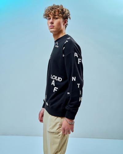 Bewakoof Mens AOP Oversized Fit Full Sleeve Round Neck Terry Sweatshirt Black