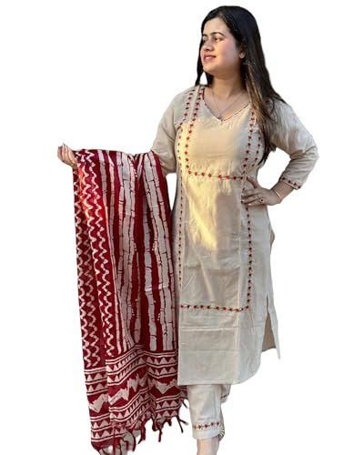GoSriKi Womens Cotton Blend Straight Embroidered Kurta with Pant & Dupatta (DD Beige-NW-GS_M_Beige_Medium)