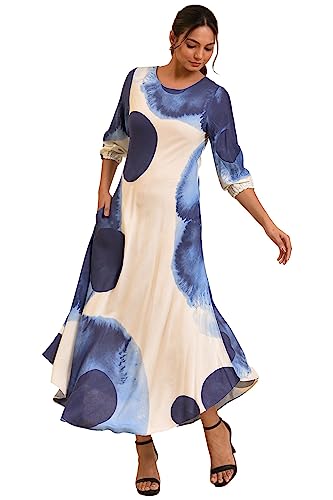 W For Woman WomenS Rayon Ecru Flared Dress With Bold Blue Prints Ankle Length 23Few18772-120813