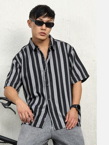 Hubberholme Men Cotton Short Sleeves Oversized Striped Shirt 14 Multicolour